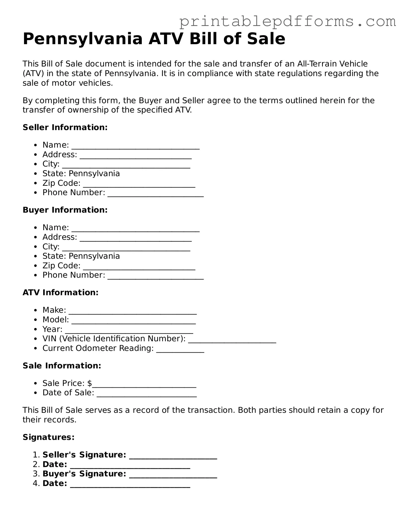 Pennsylvania ATV Bill of Sale Document