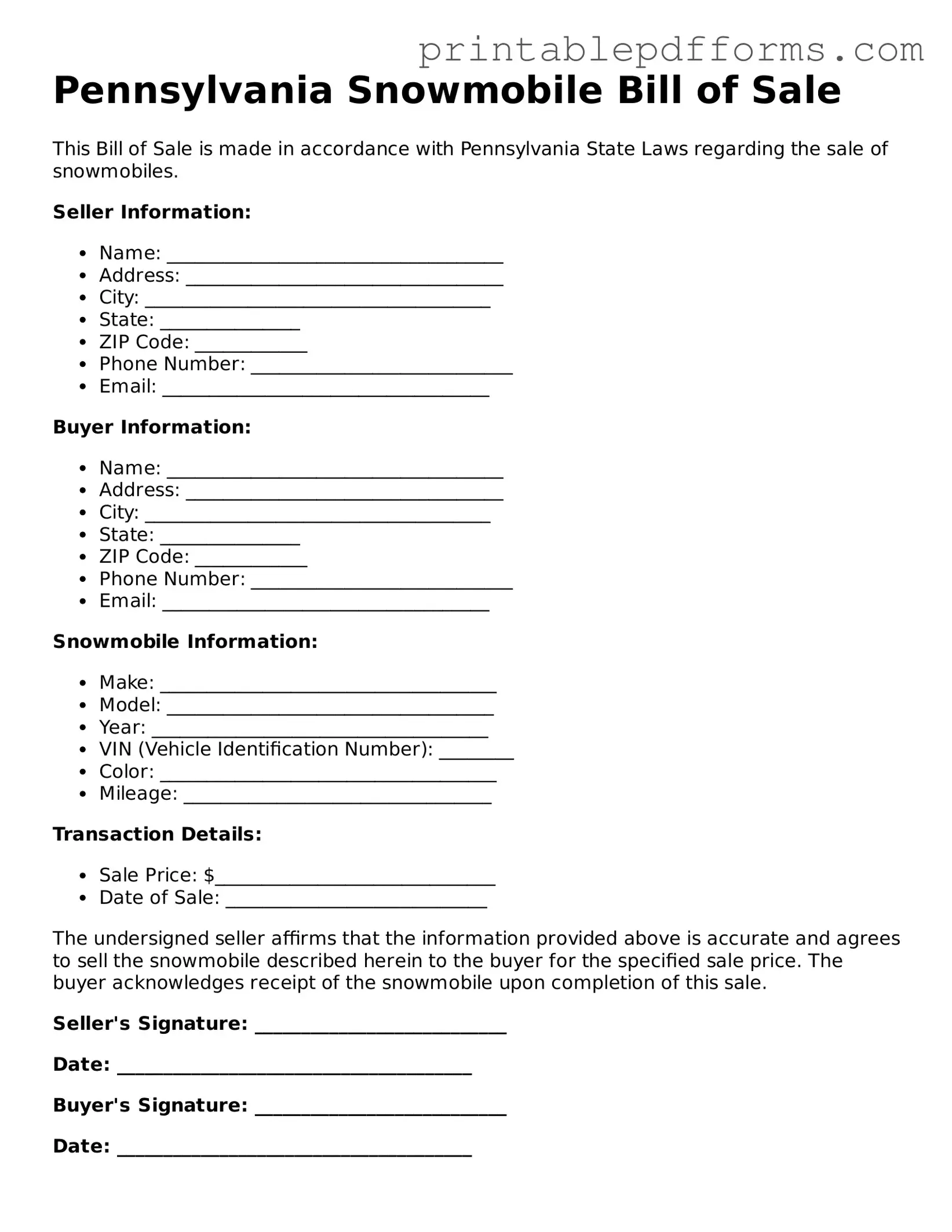 Pennsylvania Snowmobile Bill of Sale Document