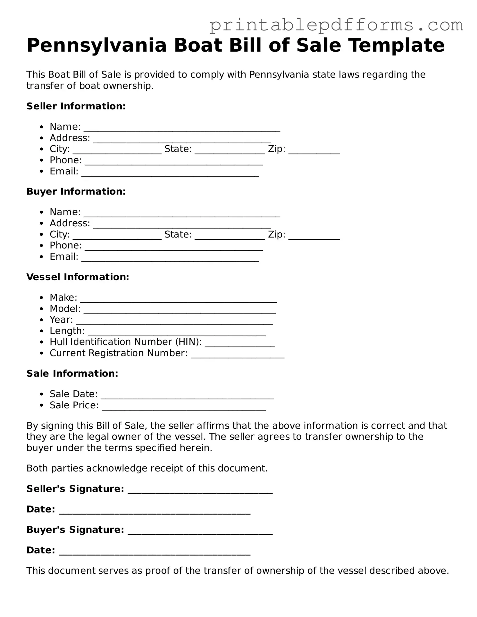 Pennsylvania Boat Bill of Sale Document