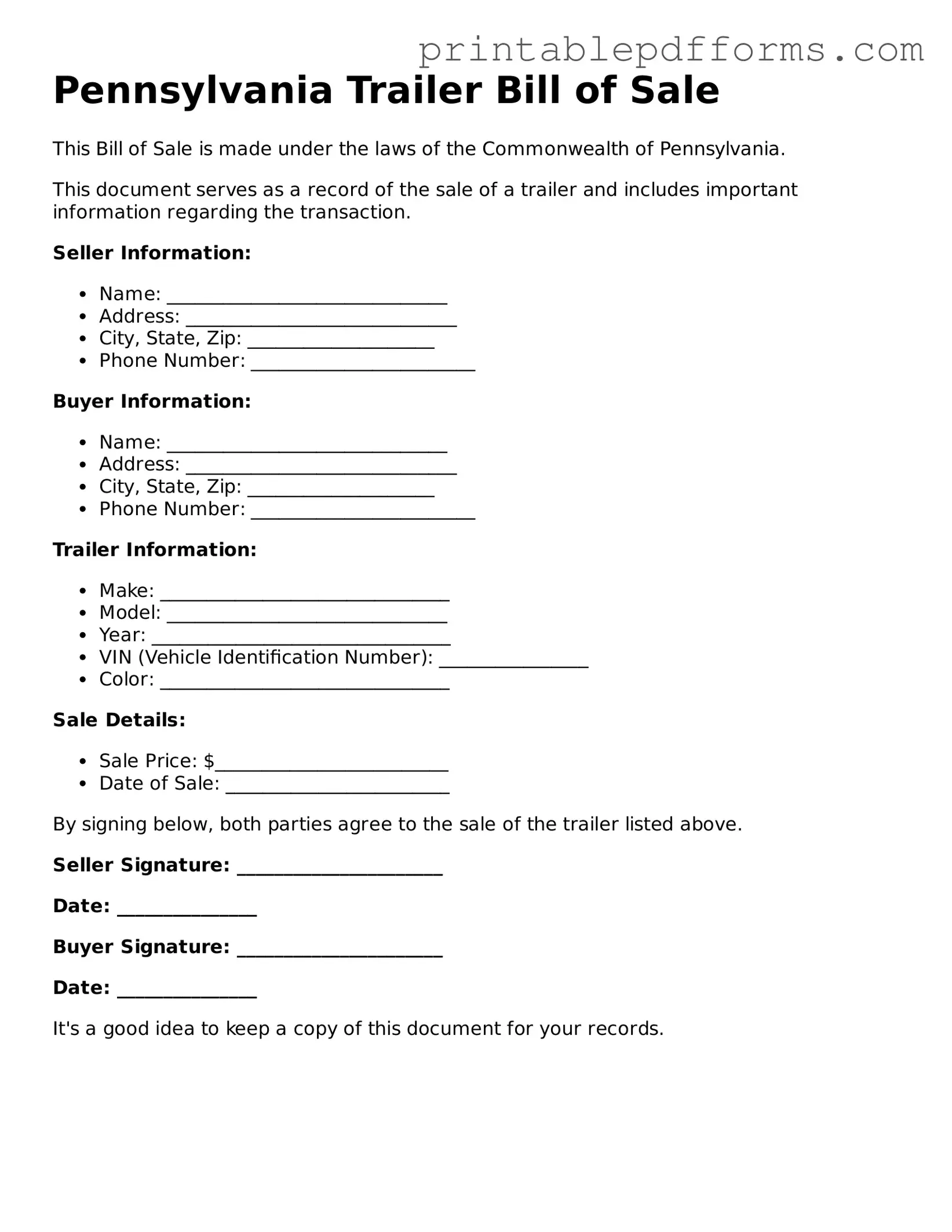 Pennsylvania Trailer Bill of Sale Document
