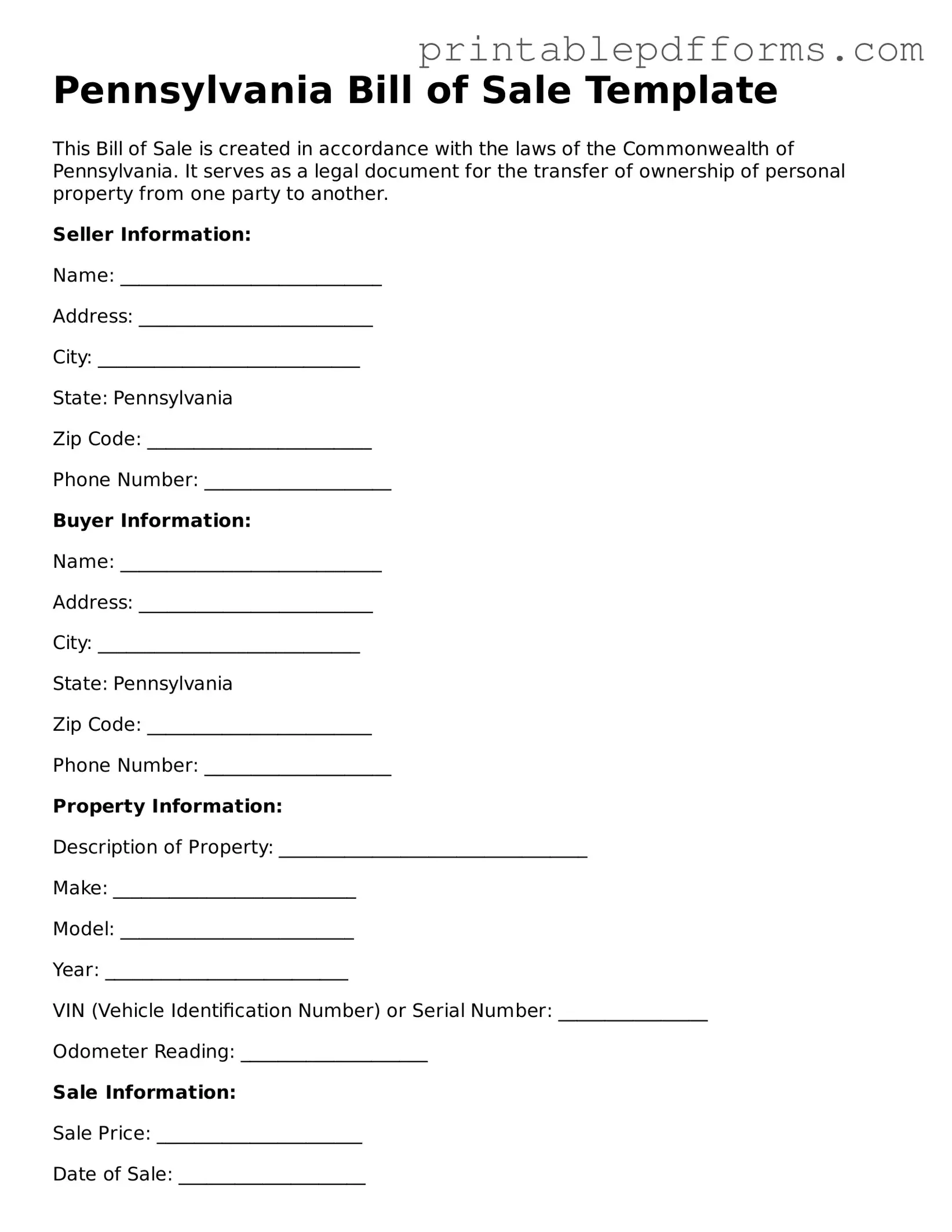 Pennsylvania Bill of Sale Document