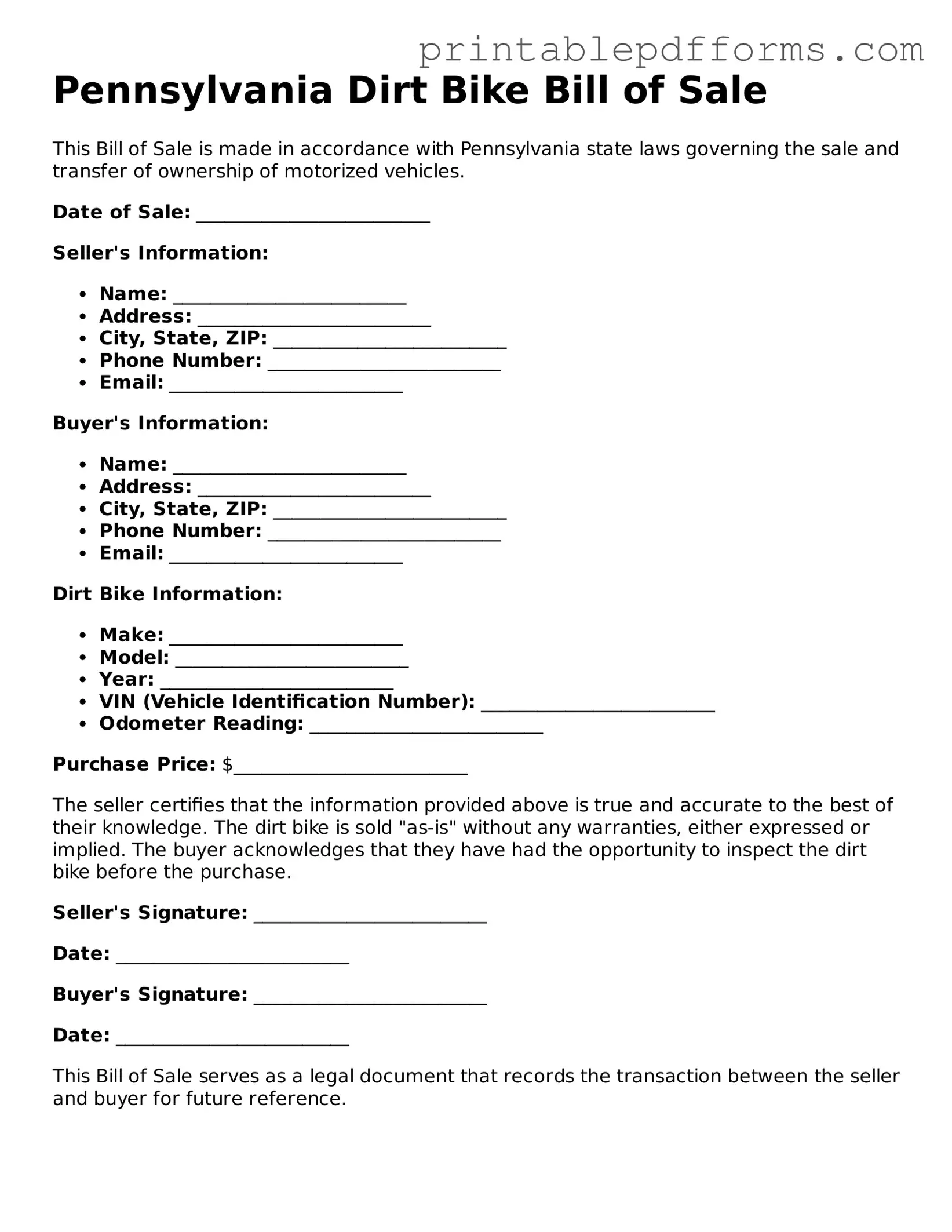 Pennsylvania Dirt Bike Bill of Sale Document