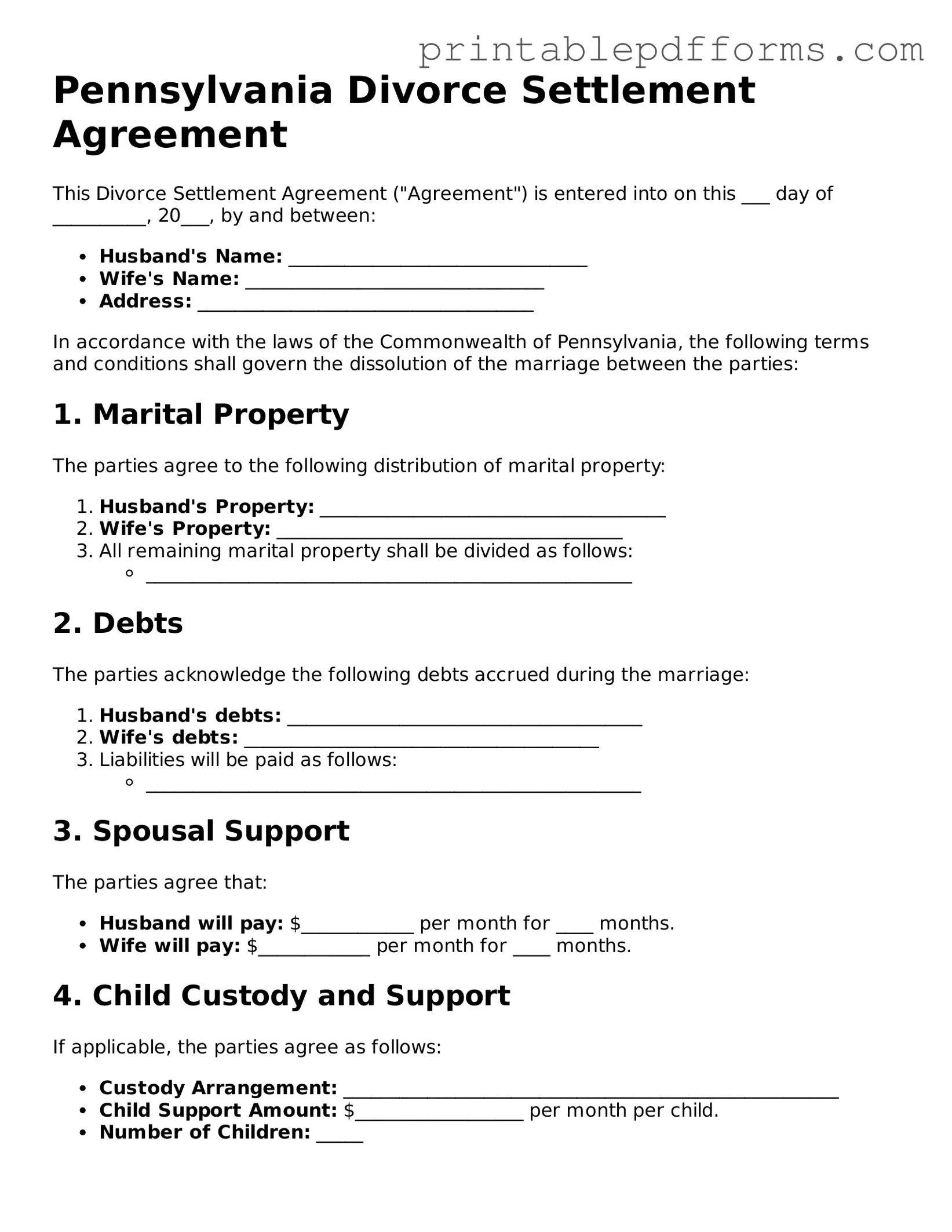 Pennsylvania Divorce Settlement Agreement Document