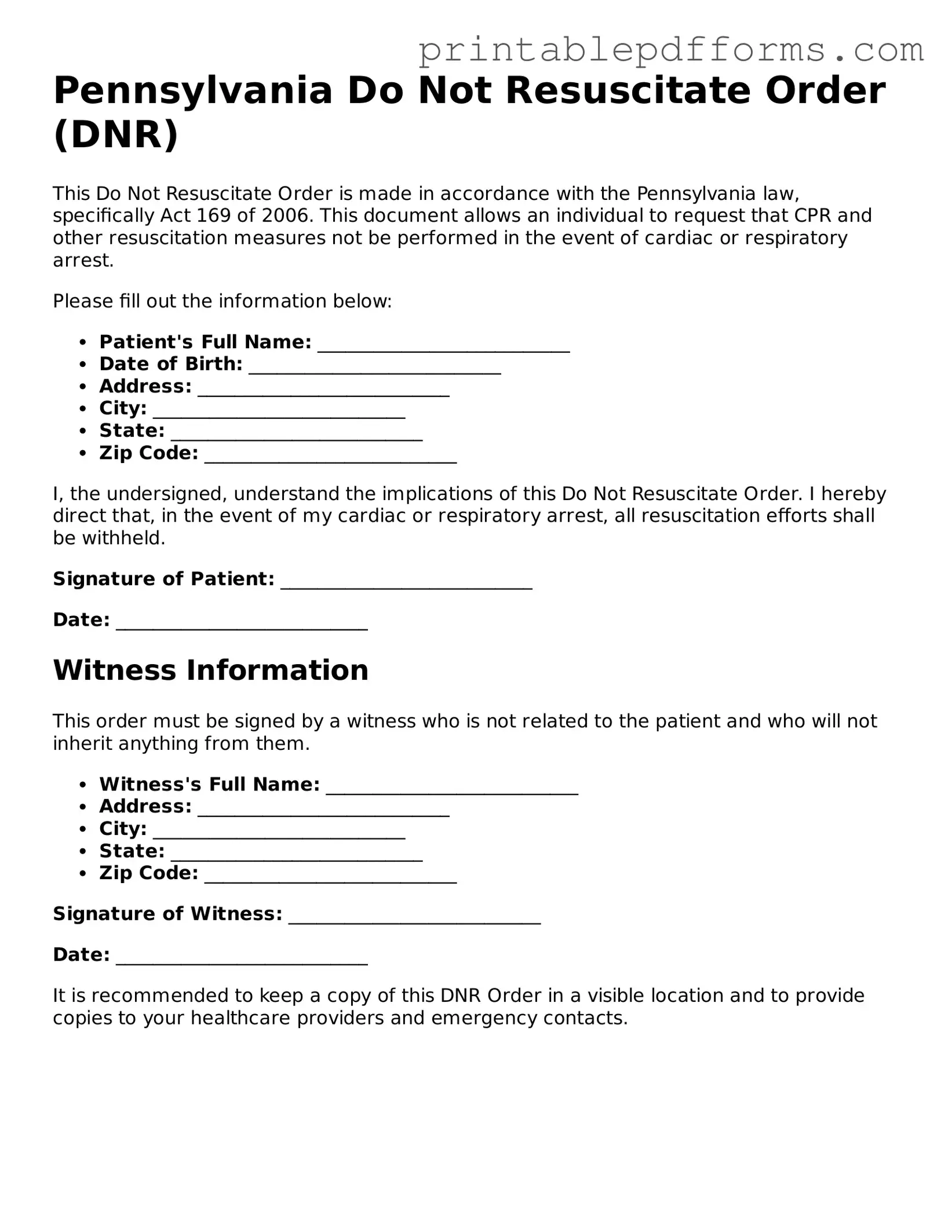 Pennsylvania Do Not Resuscitate Order Document