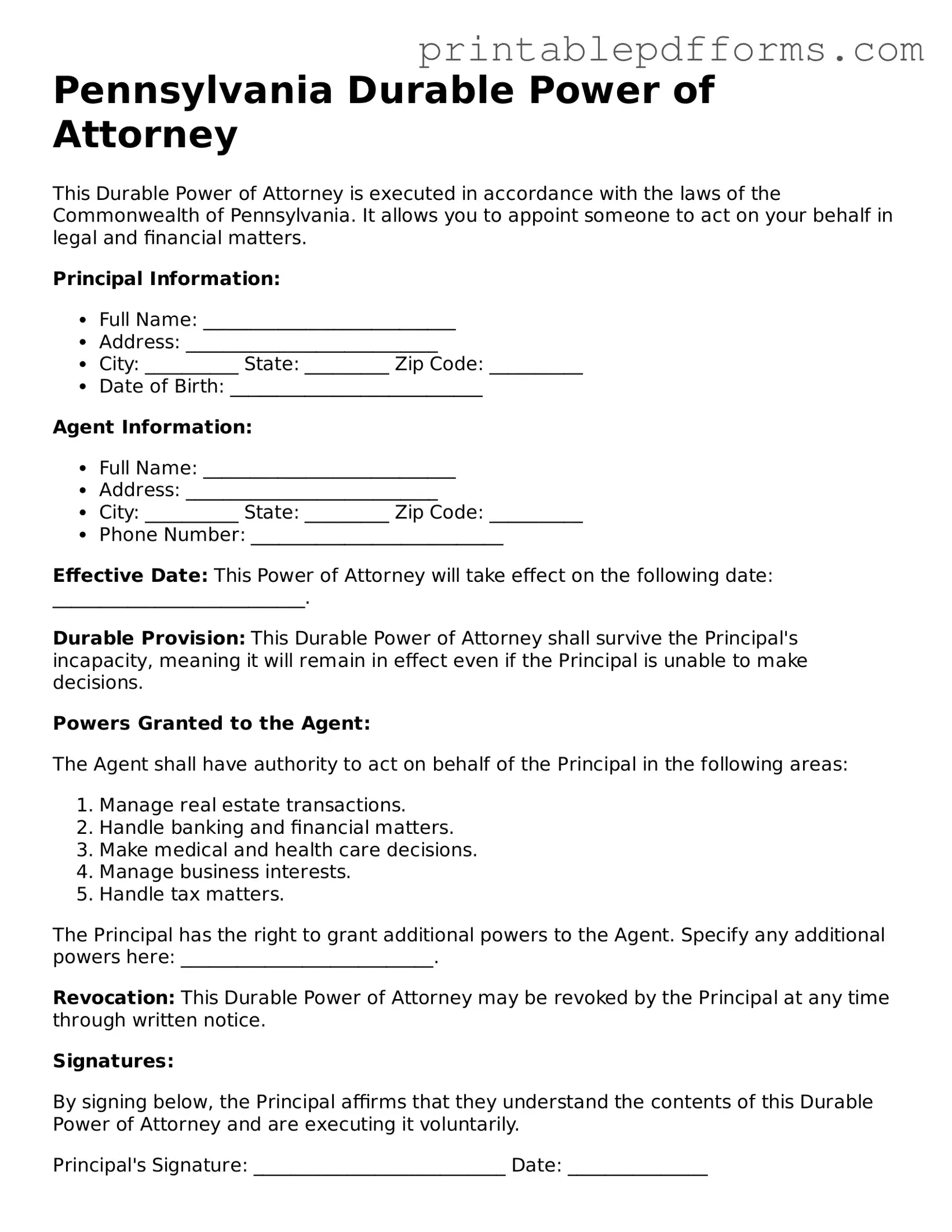 Pennsylvania Durable Power of Attorney Document