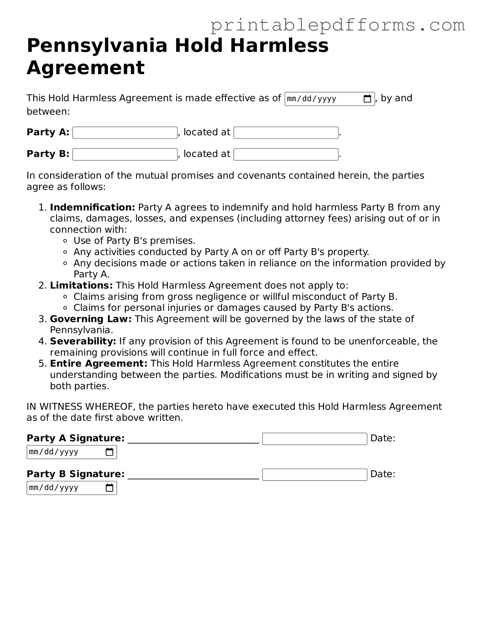 Pennsylvania Hold Harmless Agreement Document
