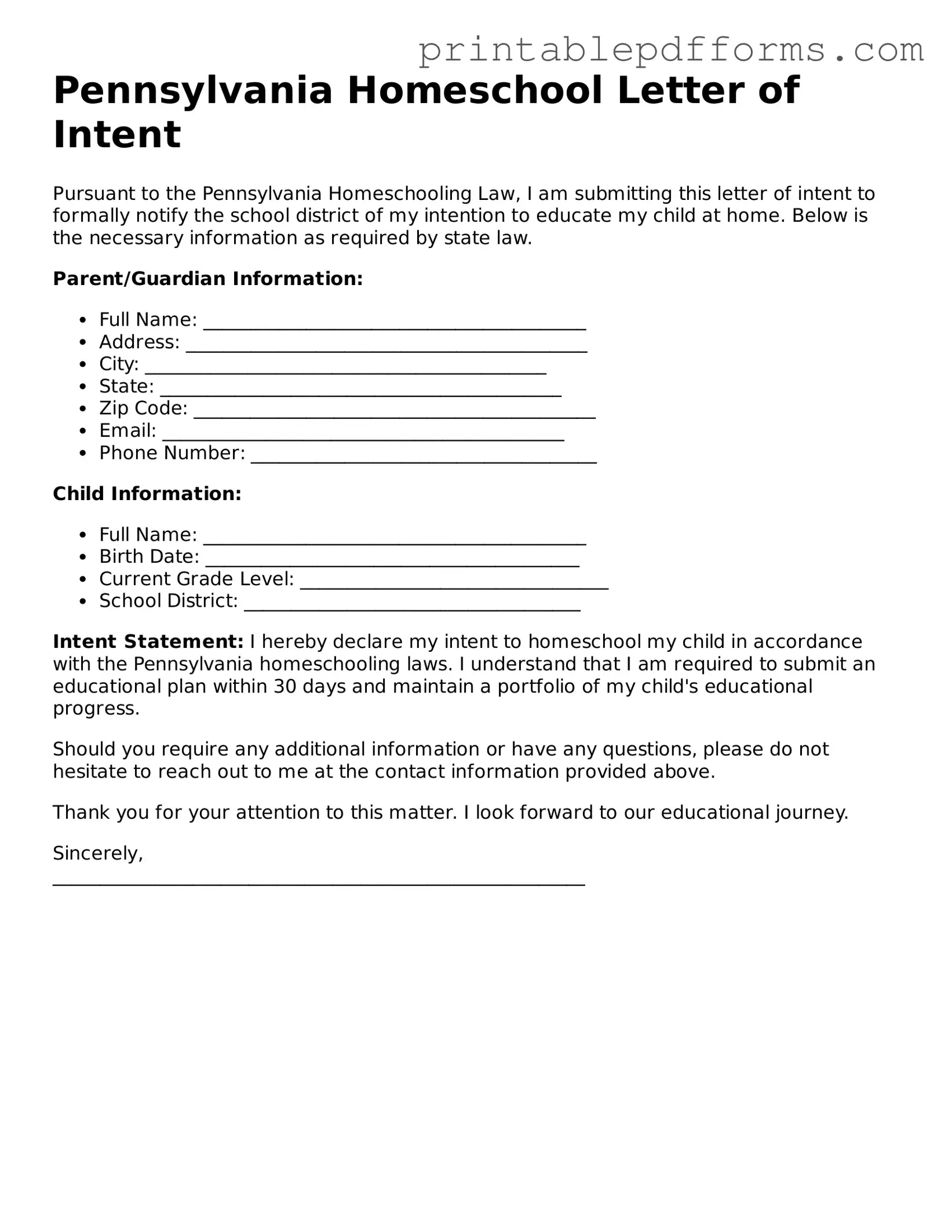 Pennsylvania Homeschool Letter of Intent Document