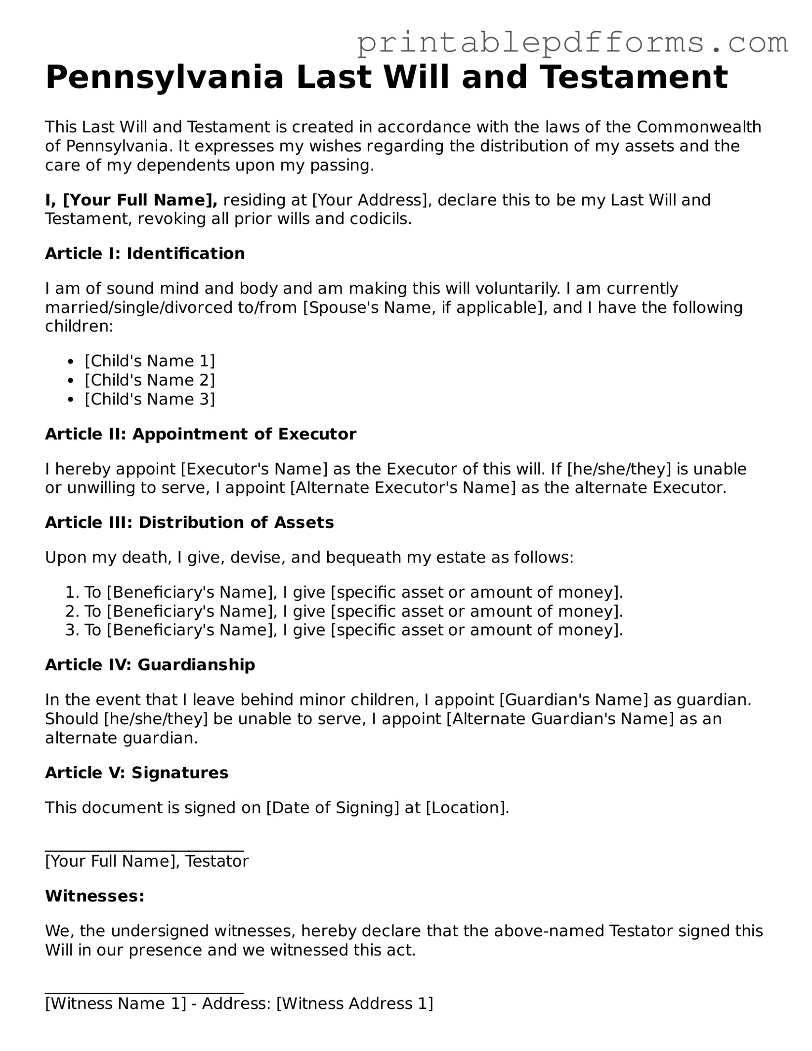 Pennsylvania Last Will and Testament Document