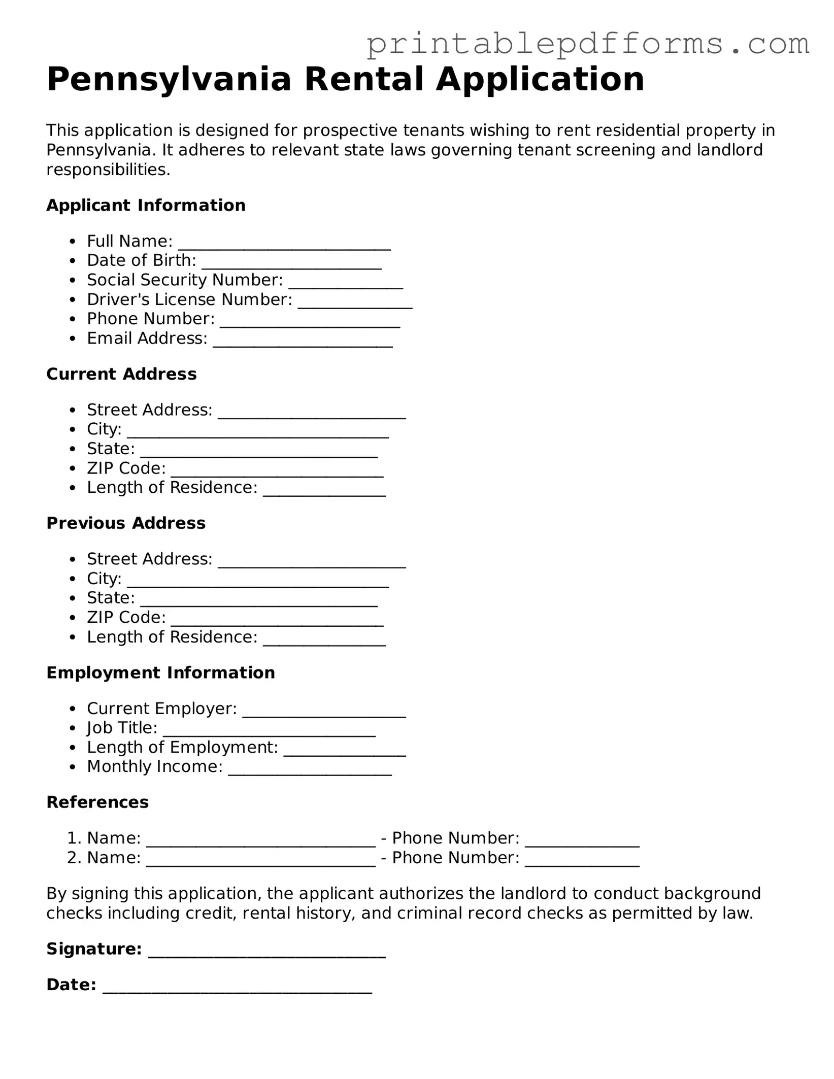 Pennsylvania Rental Application Document