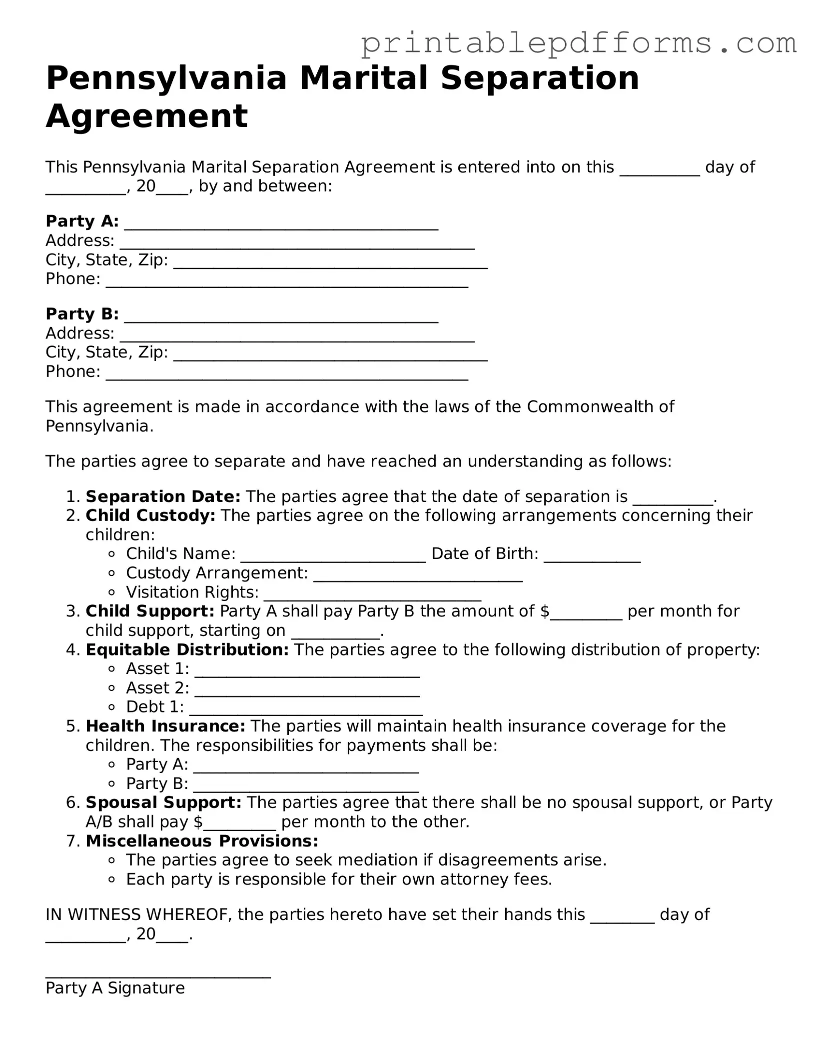 Pennsylvania Marital Separation Agreement Document