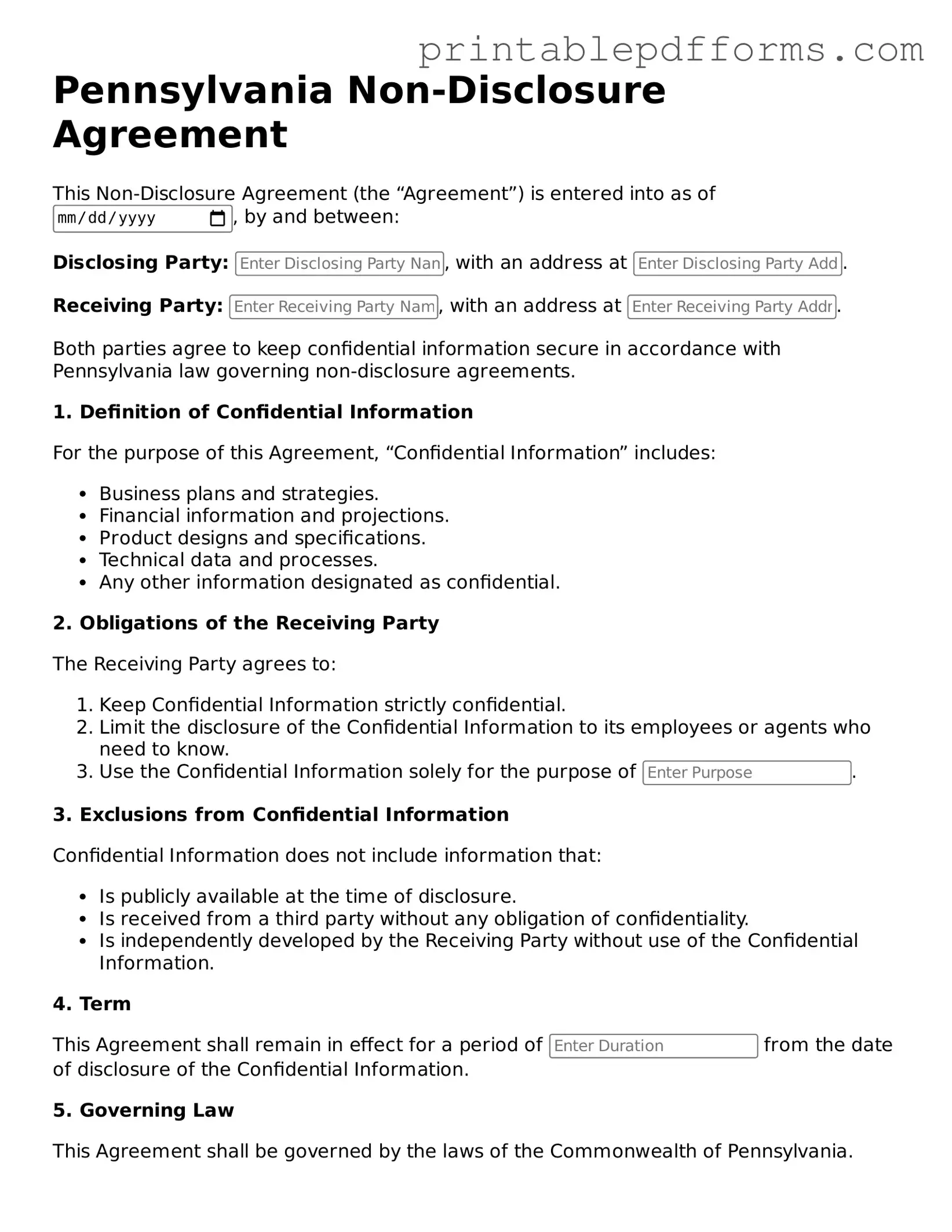 Pennsylvania Non-disclosure Agreement Document