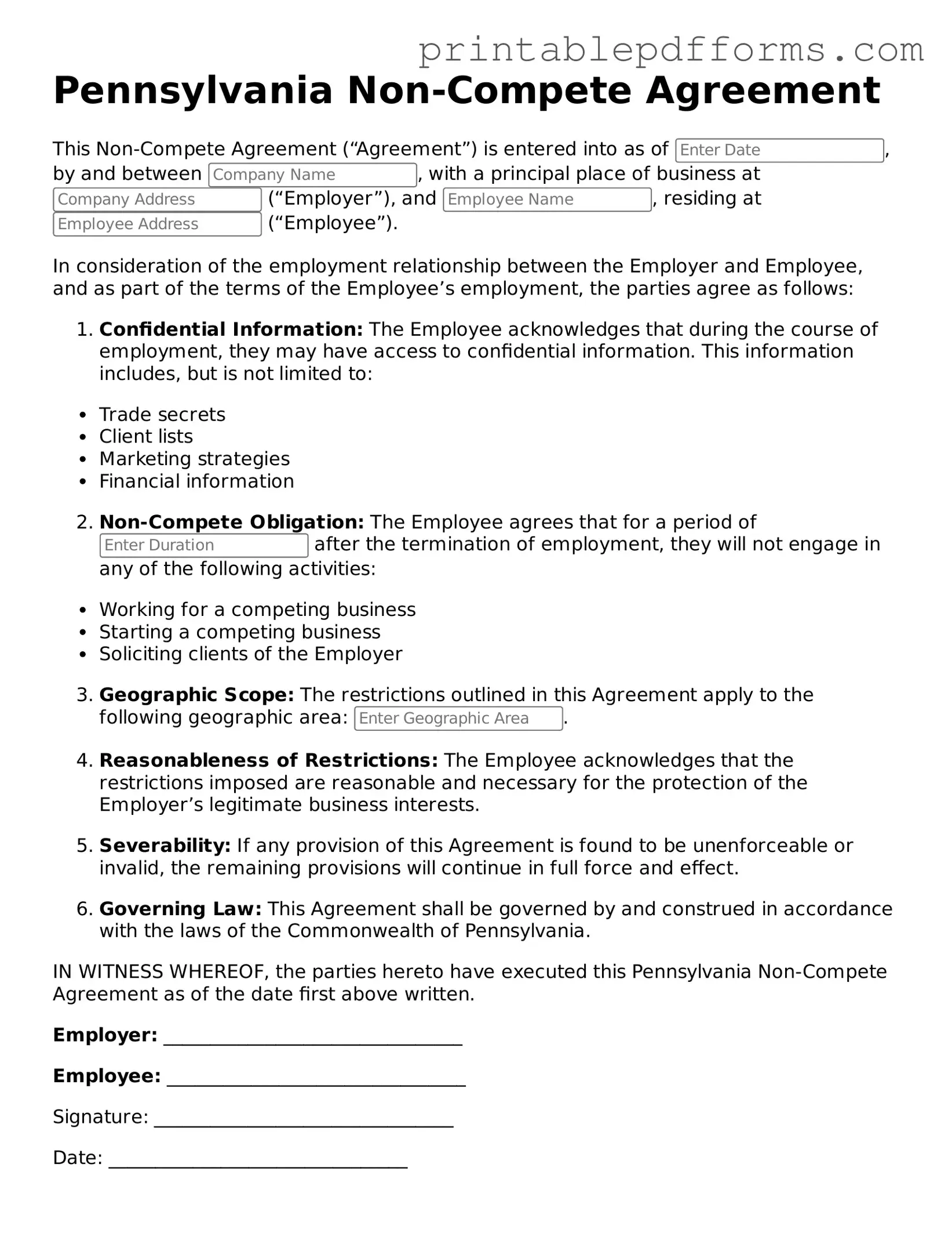 Pennsylvania Non-compete Agreement Document