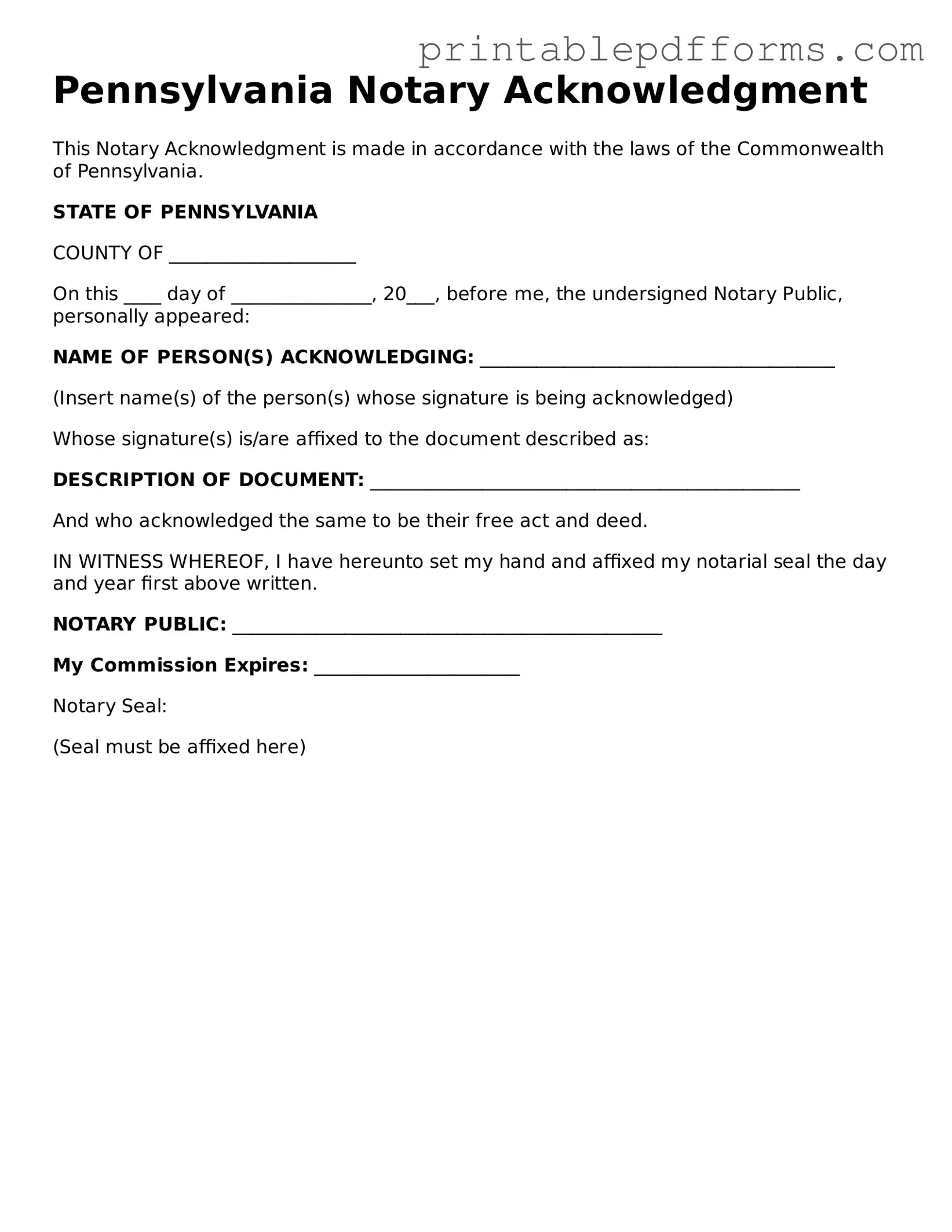 Pennsylvania Notary Acknowledgement Document