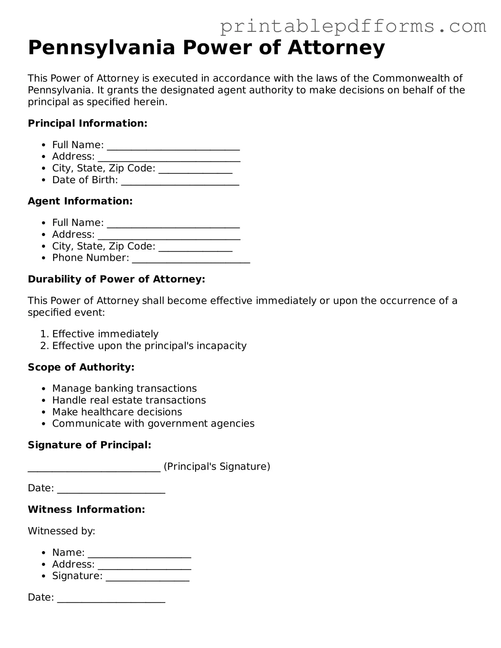 Pennsylvania Power of Attorney Document
