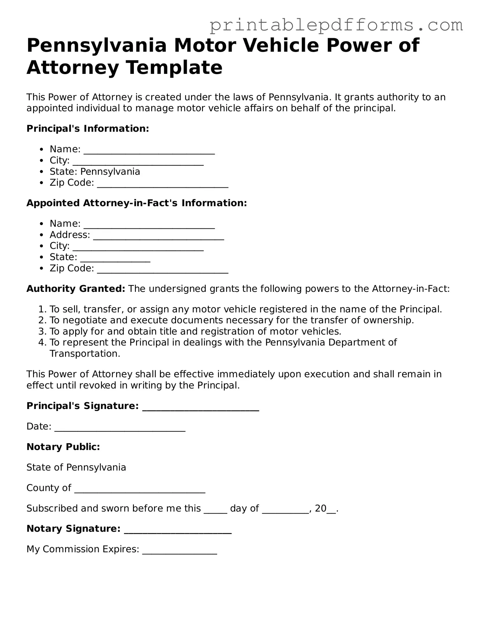 Pennsylvania Motor Vehicle Power of Attorney Document
