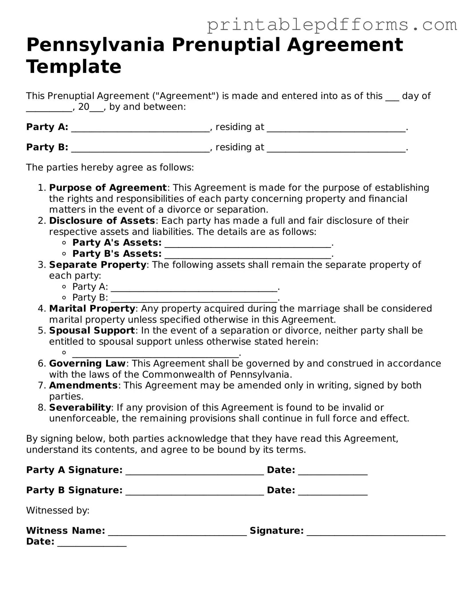 Pennsylvania Prenuptial Agreement Document