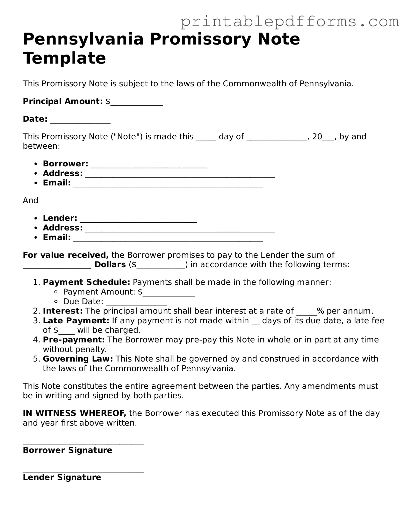 Pennsylvania Promissory Note Document