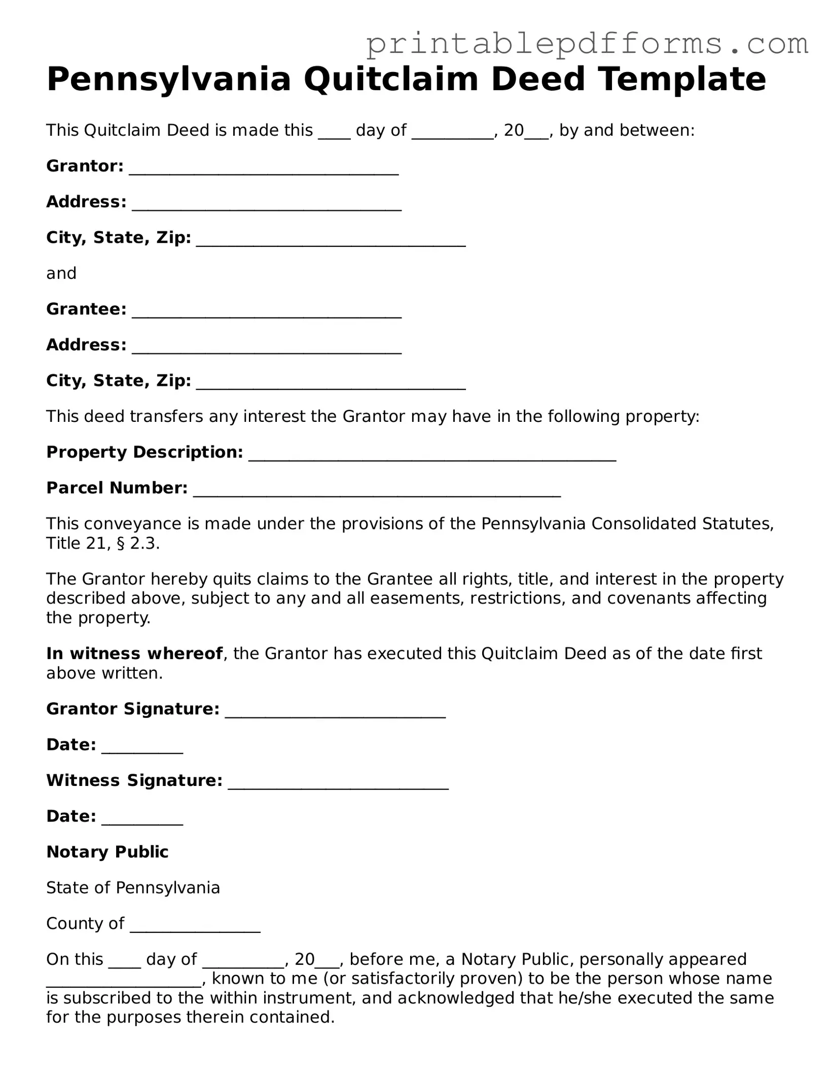 Pennsylvania Quitclaim Deed Document