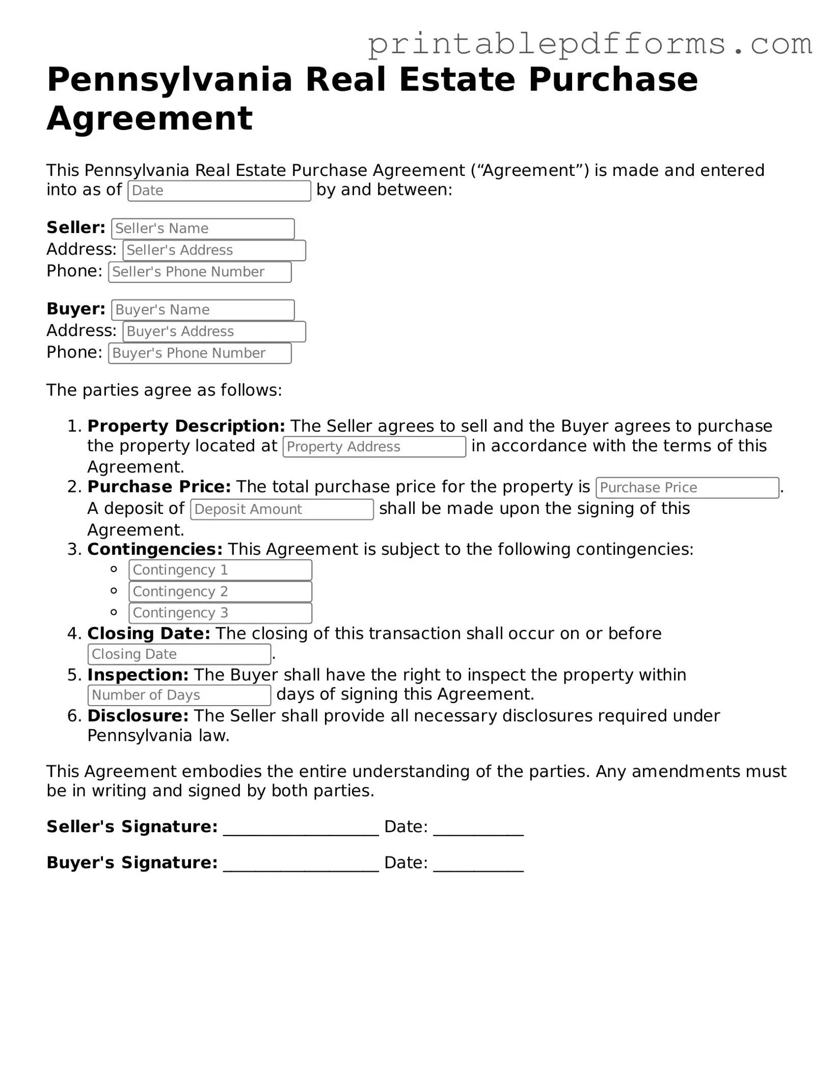 Pennsylvania Real Estate Purchase Agreement Document