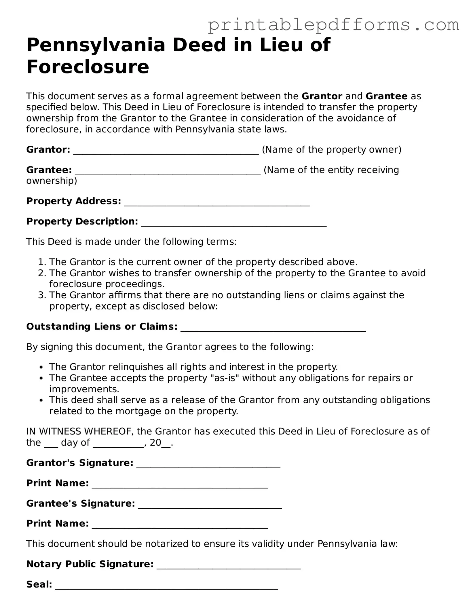 Pennsylvania Deed in Lieu of Foreclosure Document
