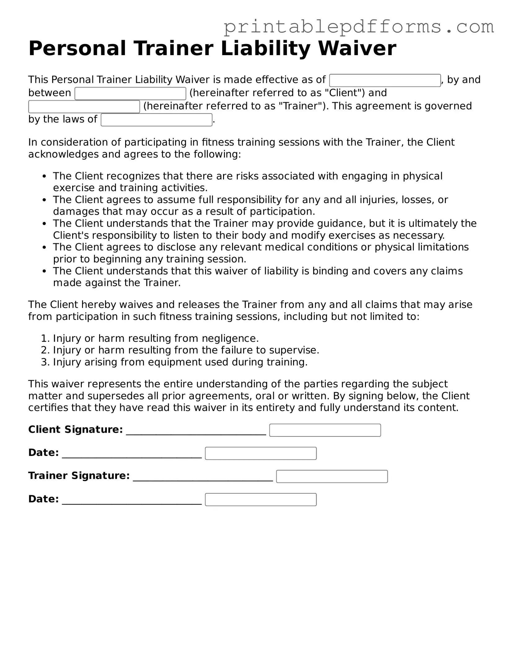 Blank Personal Trainer Liability Waiver Form