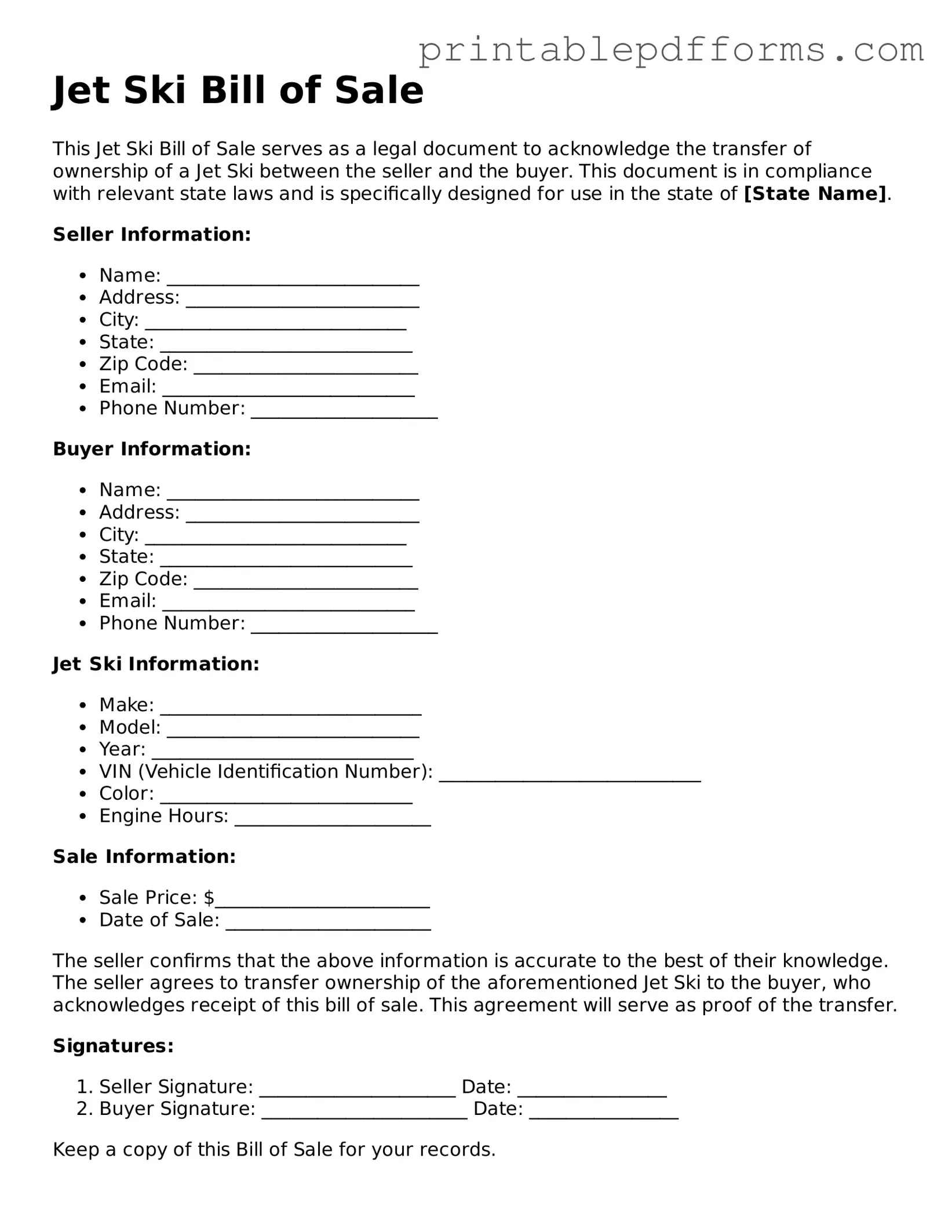 Blank Jet Ski Bill of Sale Form