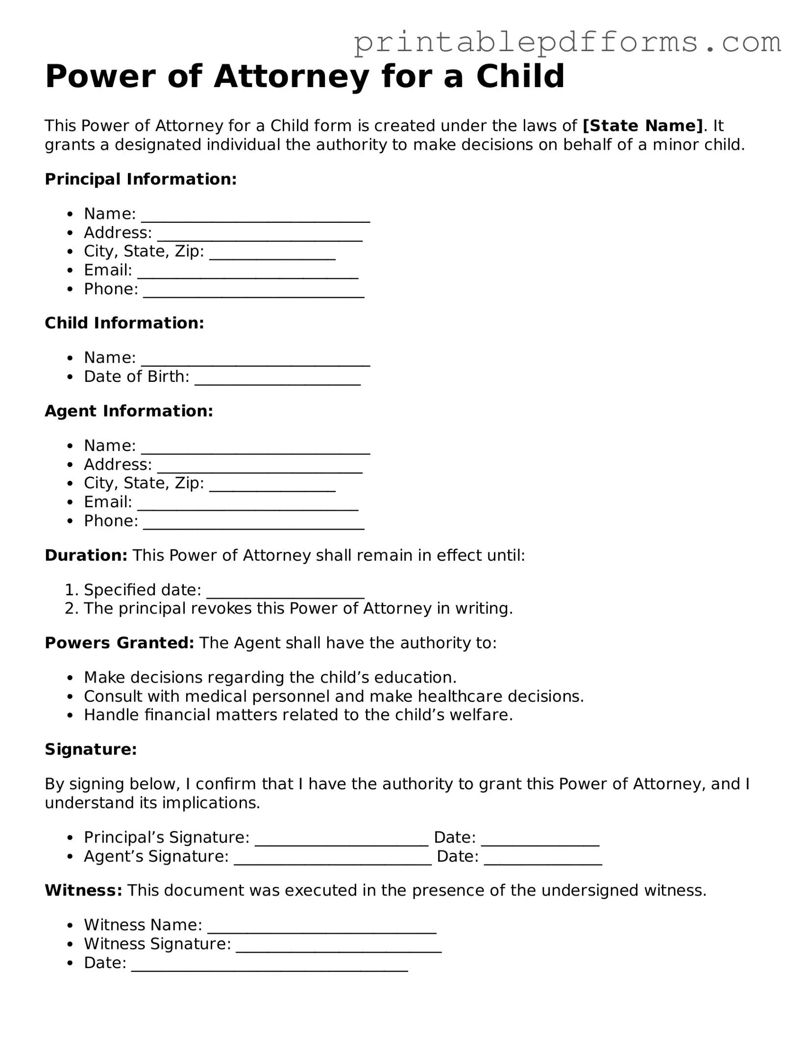 Blank Power of Attorney for a Child Form