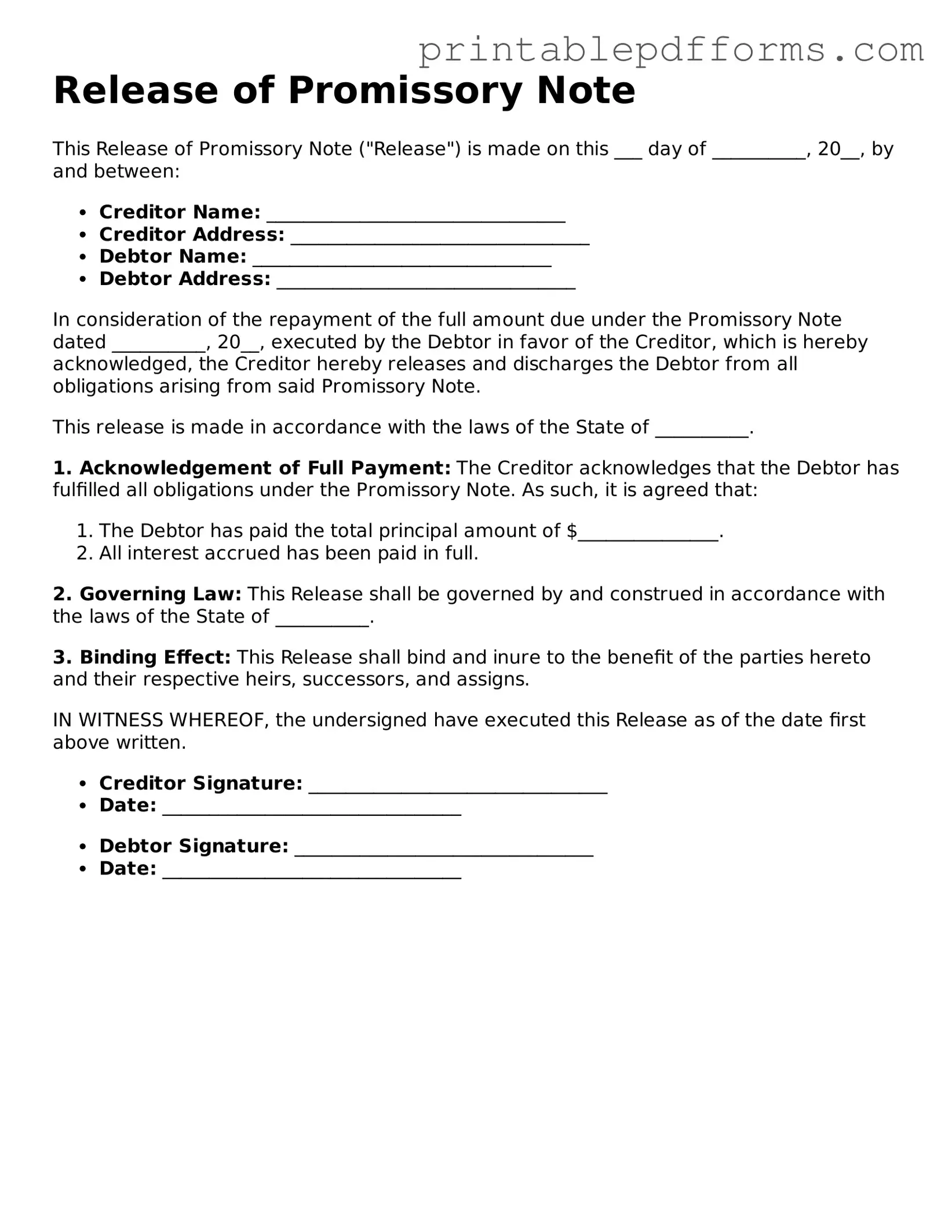 Blank Release of Promissory Note Form