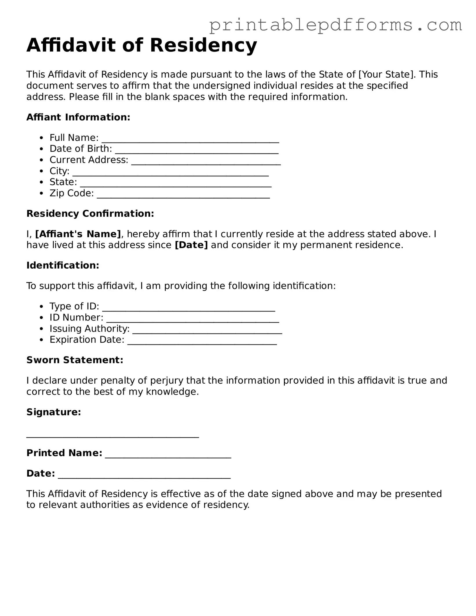 Blank Affidavit of Residency Form