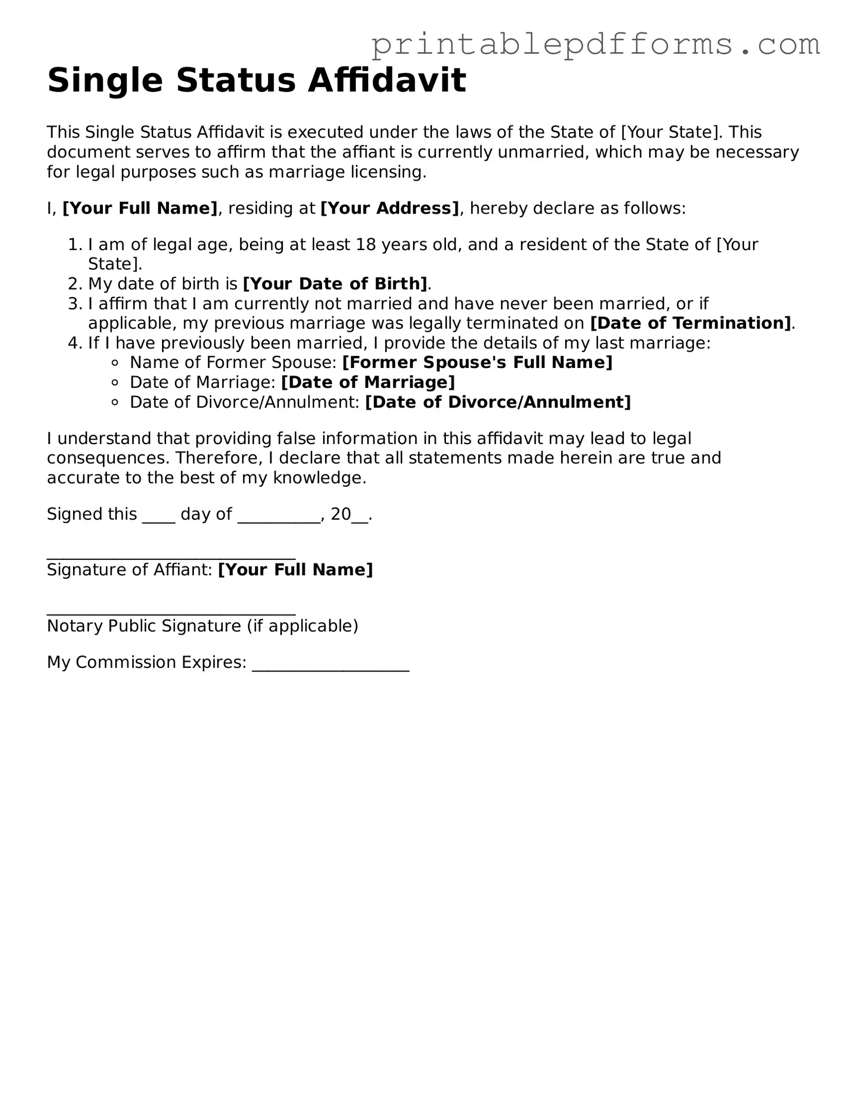 Blank Single Status Affidavit Form