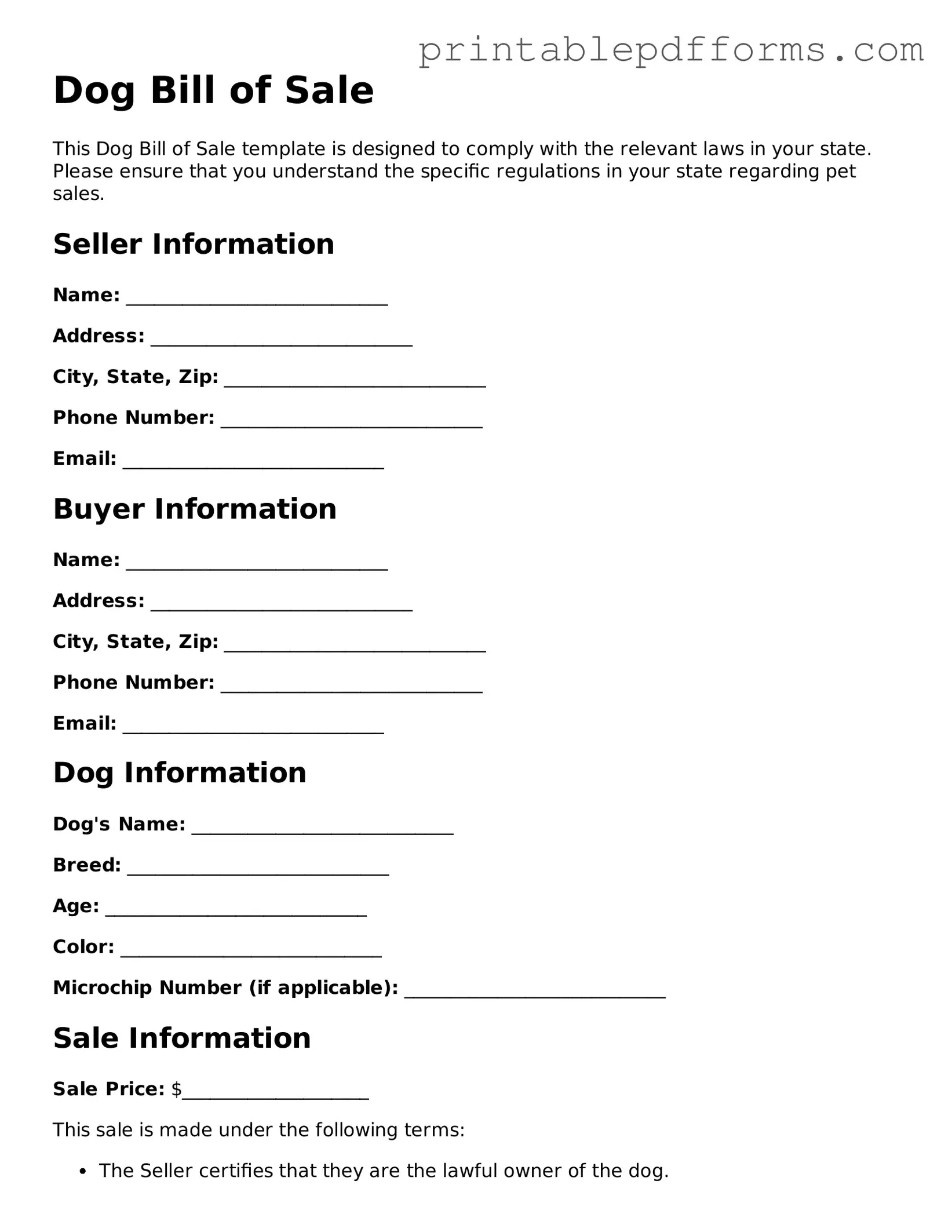 Blank Dog Bill of Sale Form