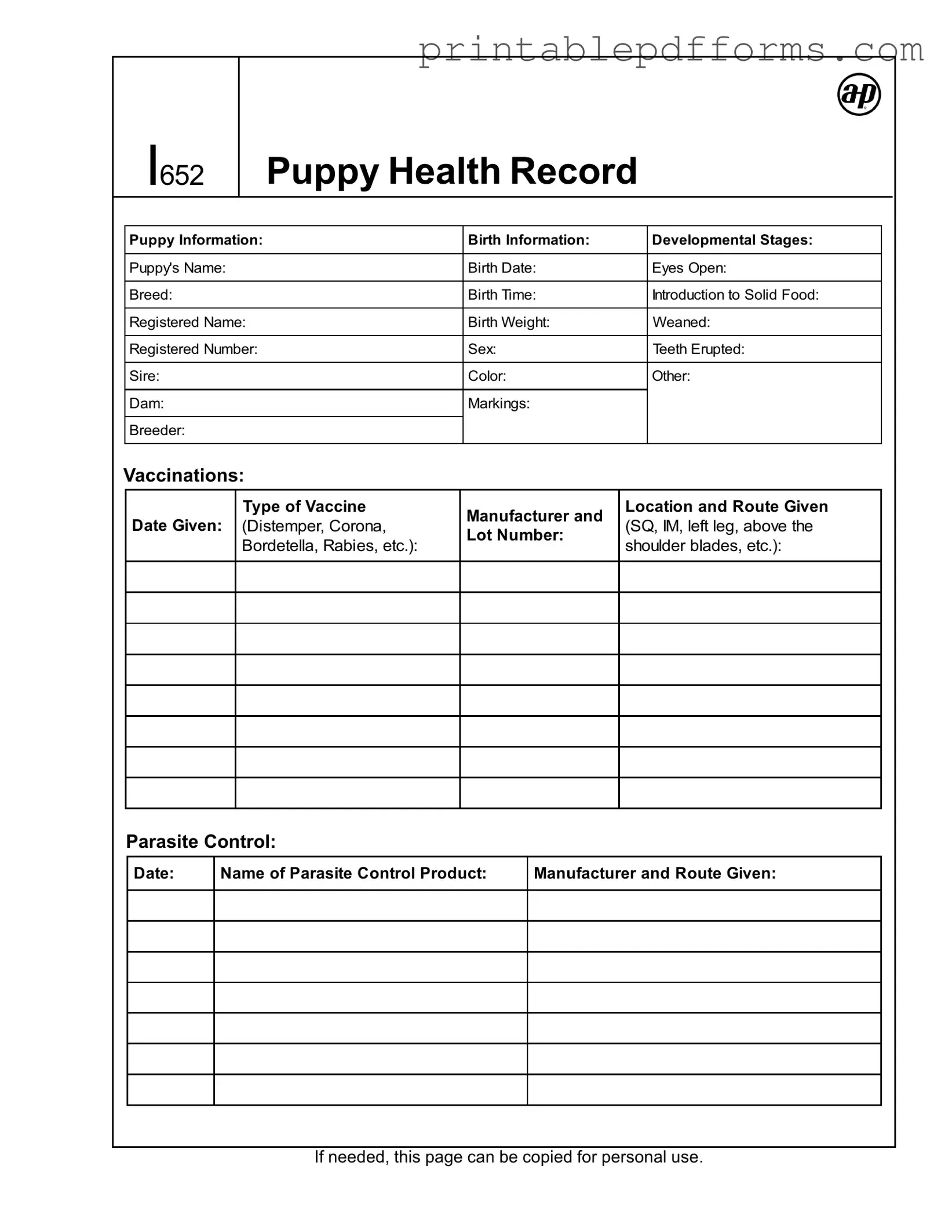Fill a Valid Puppy Health Record Form