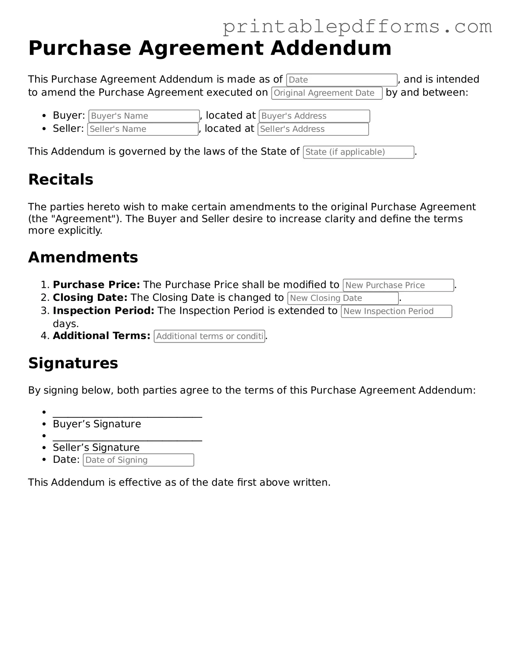 Blank Purchase Agreement Addendum Form