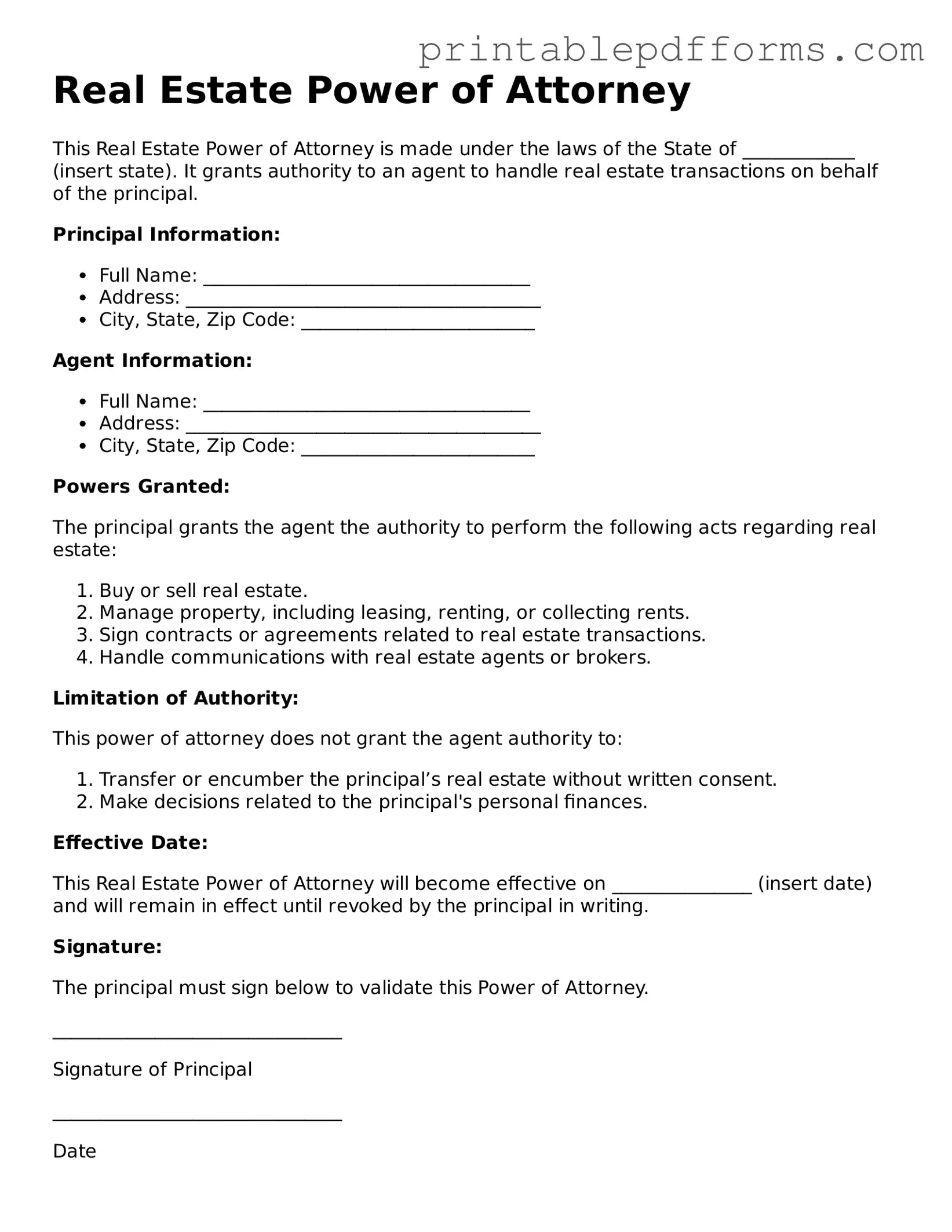 Blank Real Estate Power of Attorney Form