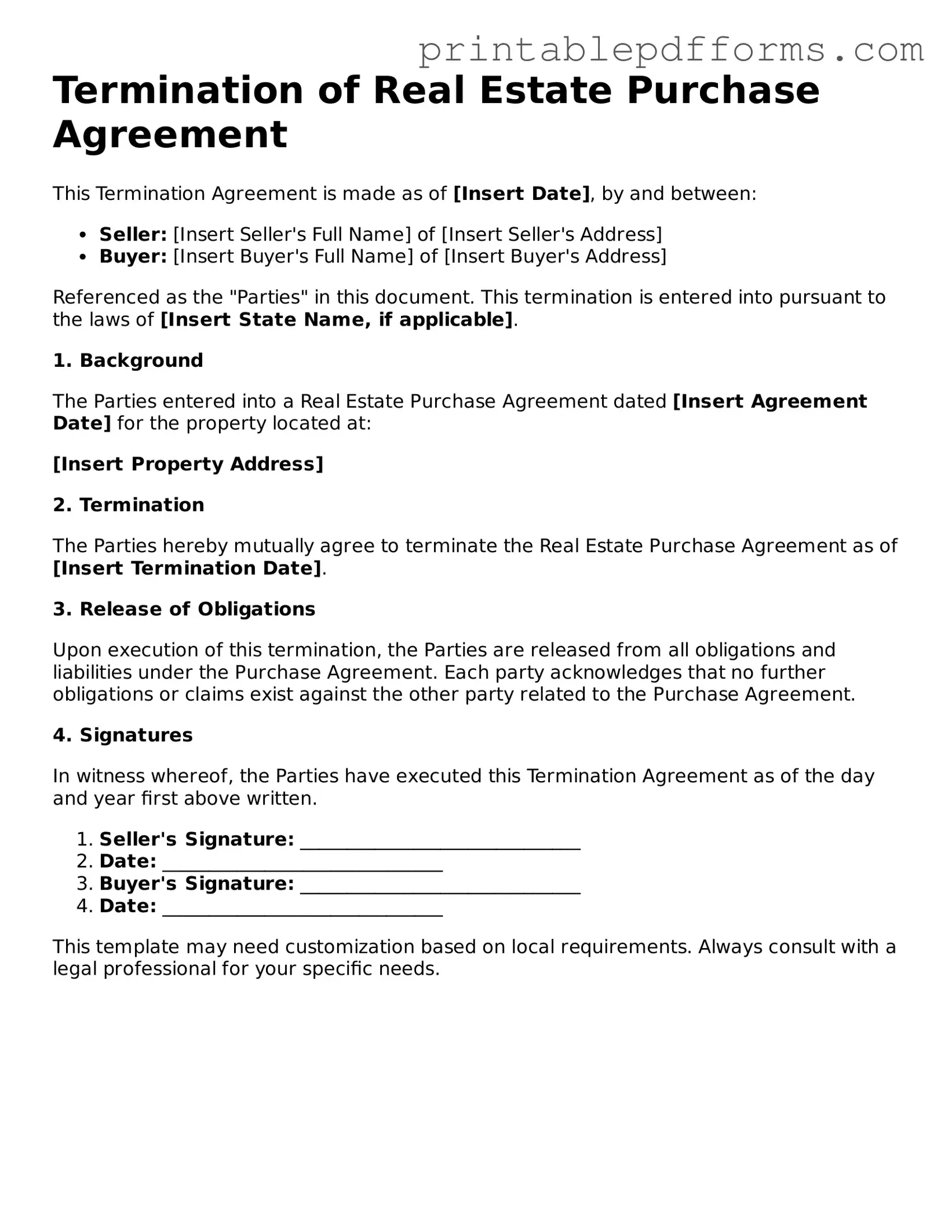 Blank Termination of Real Estate Purchase Agreement Form