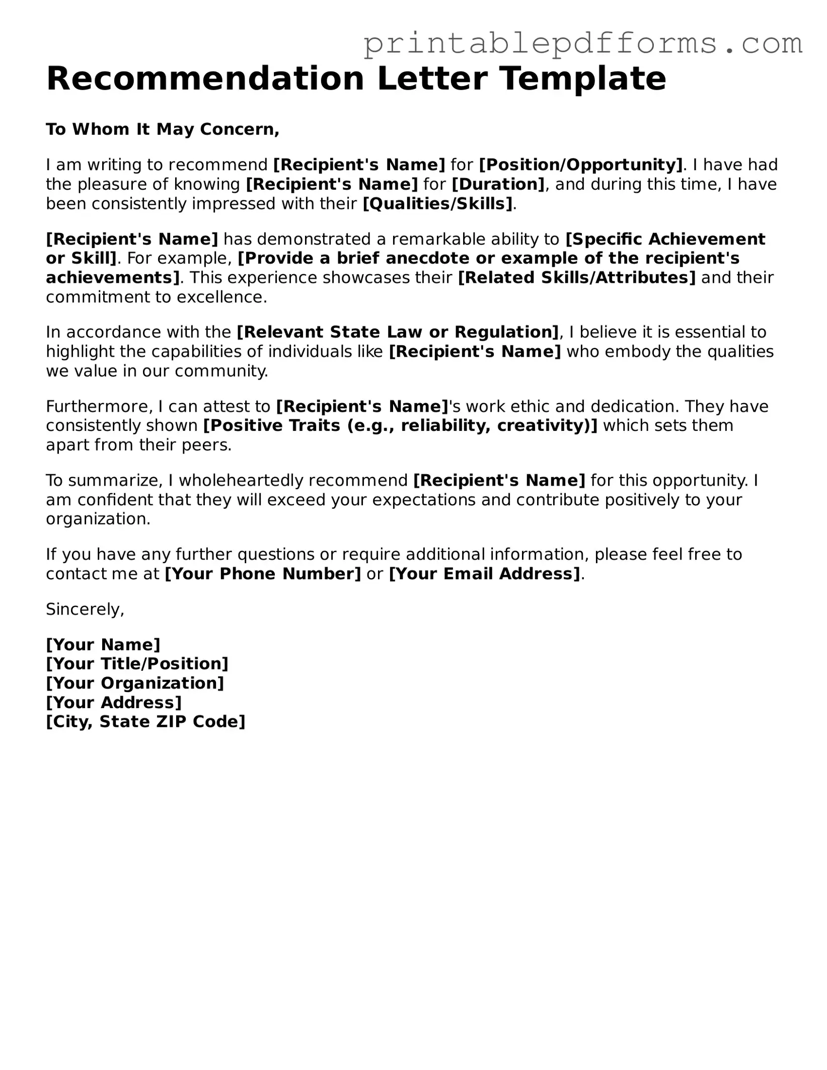 Blank Recommendation Letter Form