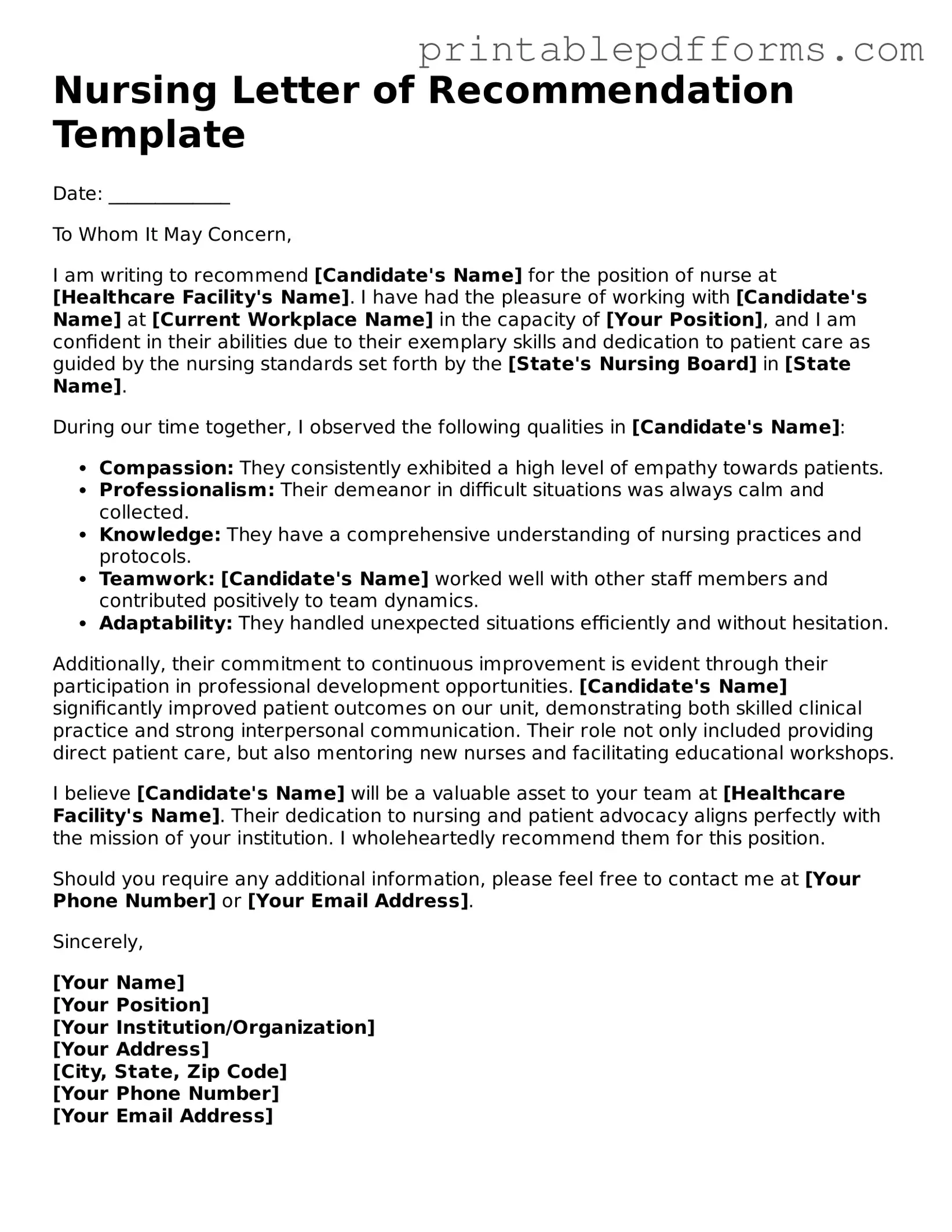Blank Nursing Letter of Recommendation Form