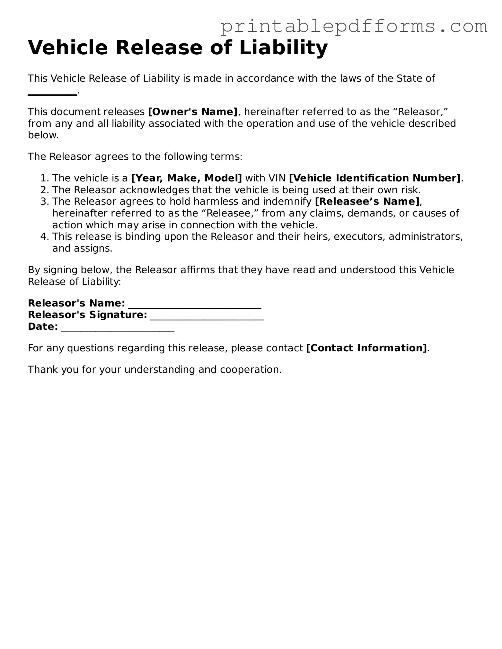 Blank Vehicle Release of Liability Form