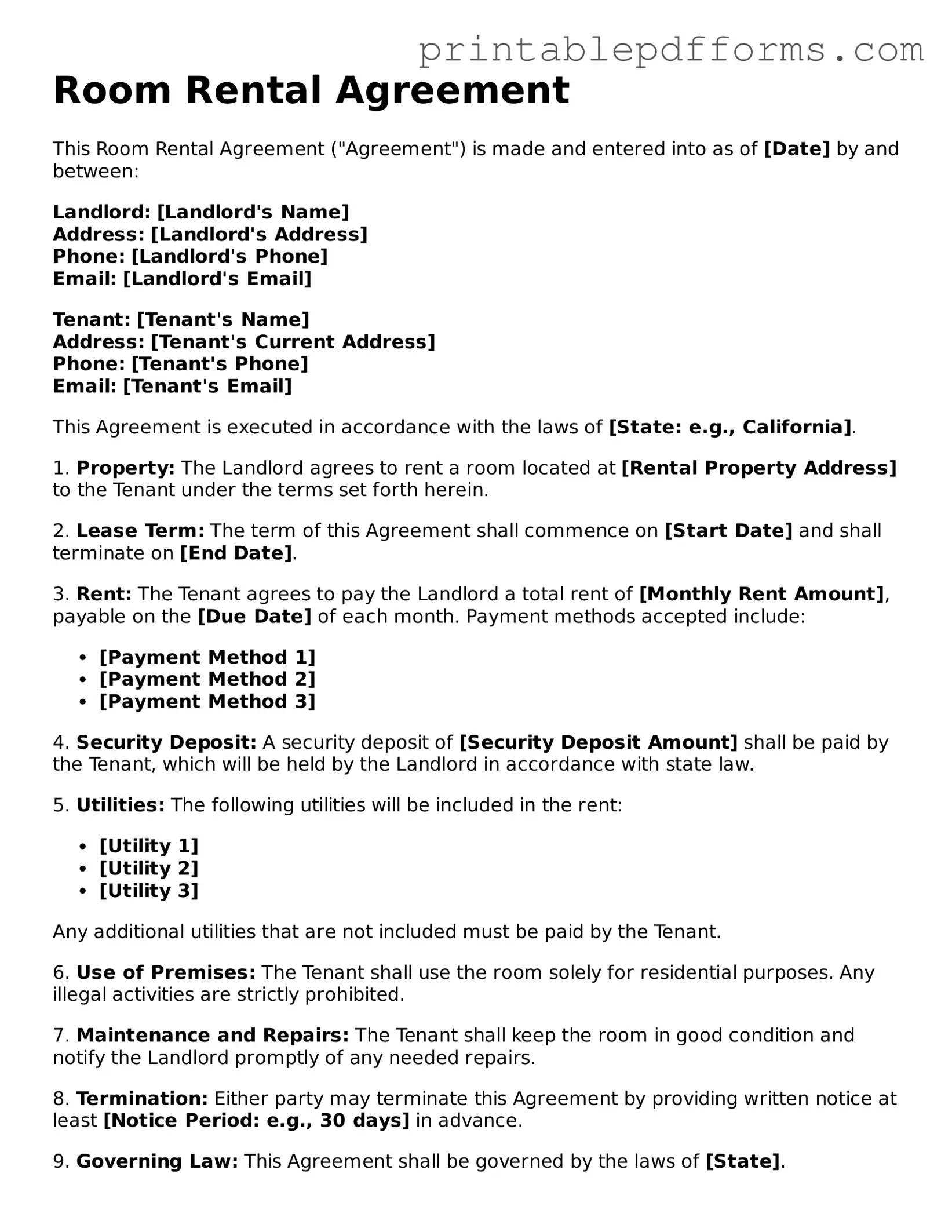 Blank Room Rental Agreement Form