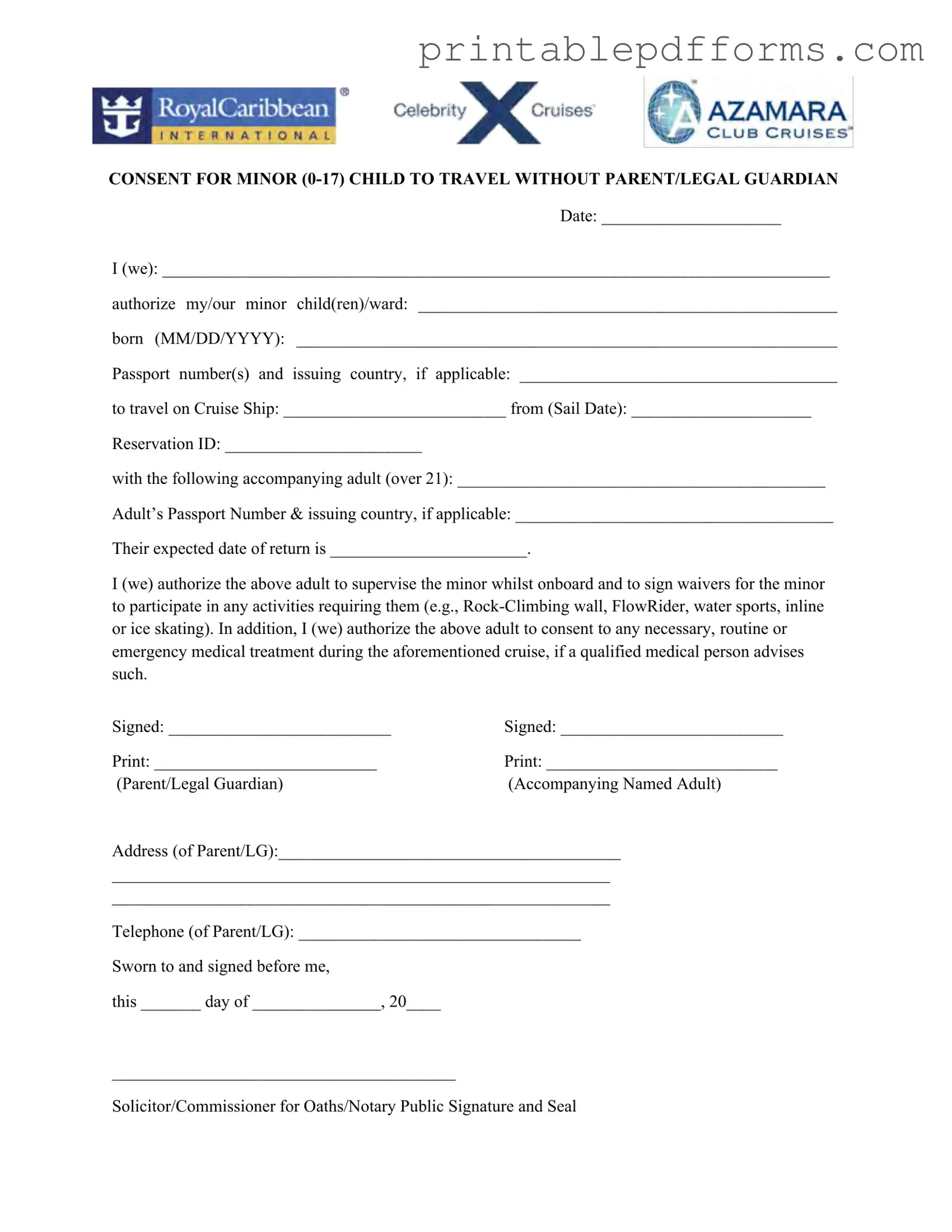 Fill a Valid Royal Caribbean Parental Consent Form