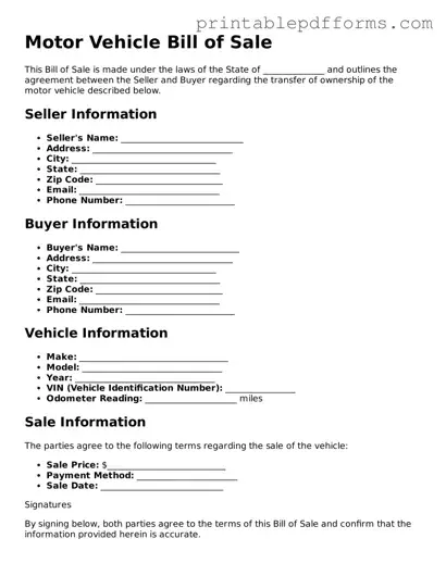 Blank Motor Vehicle Bill of Sale Form