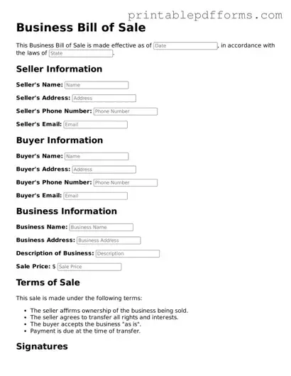 Blank Business Bill of Sale Form