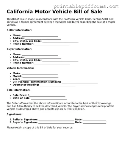 California Motor Vehicle Bill of Sale Document