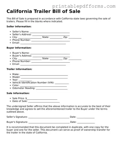 California Trailer Bill of Sale Document