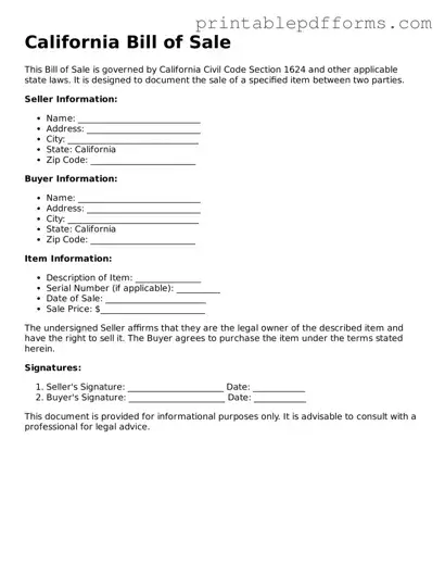 California Bill of Sale Document
