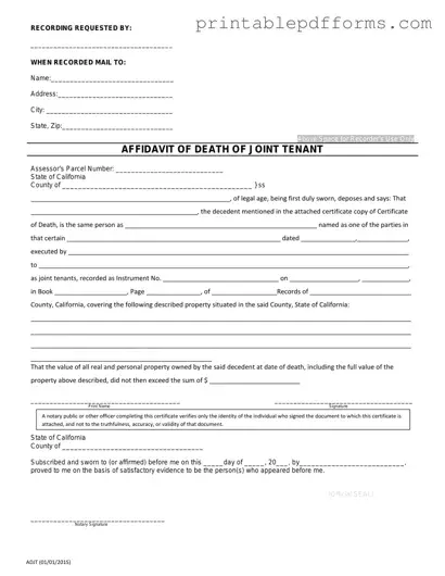 Fill a Valid California Death of a Joint Tenant Affidavit Form