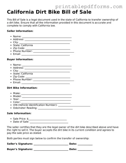 California Dirt Bike Bill of Sale Document