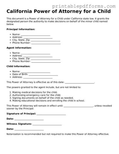 California Power of Attorney for a Child Document