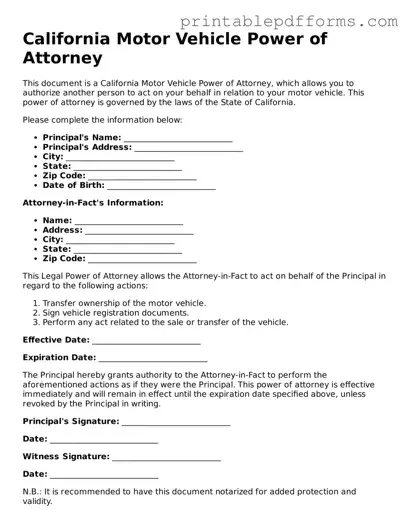 California Motor Vehicle Power of Attorney Document