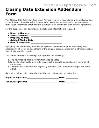 Blank Closing Date Extension Addendum Form Form